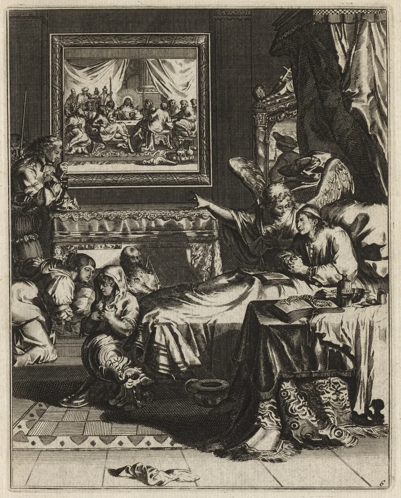 An illustration from Spiegel om wel te sterven : aanwyzende met prentverbeeldingen van het lyden onzes zaligmakers Jesu Christi : alles wat een zieke betaamt om gelukkig te sterven, volgens de woorden Philipp I, verse 21, 1694, leaf 24