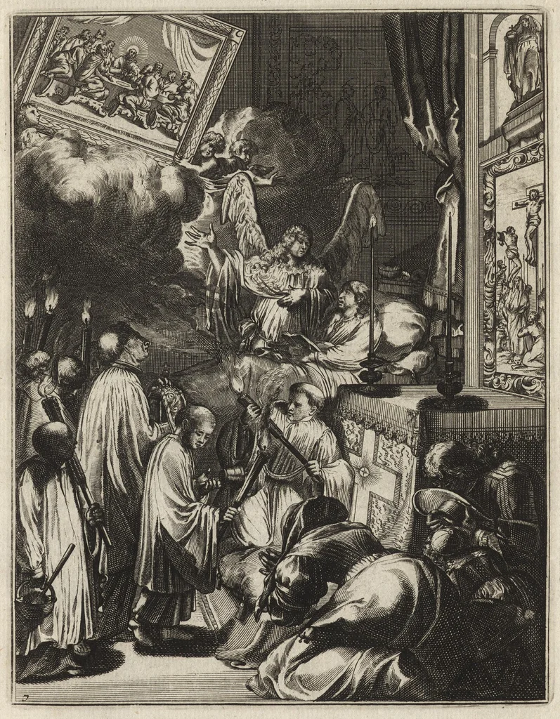 An illustration from Spiegel om wel te sterven : aanwyzende met prentverbeeldingen van het lyden onzes zaligmakers Jesu Christi : alles wat een zieke betaamt om gelukkig te sterven, volgens de woorden Philipp I, verse 21, 1694, leaf 26