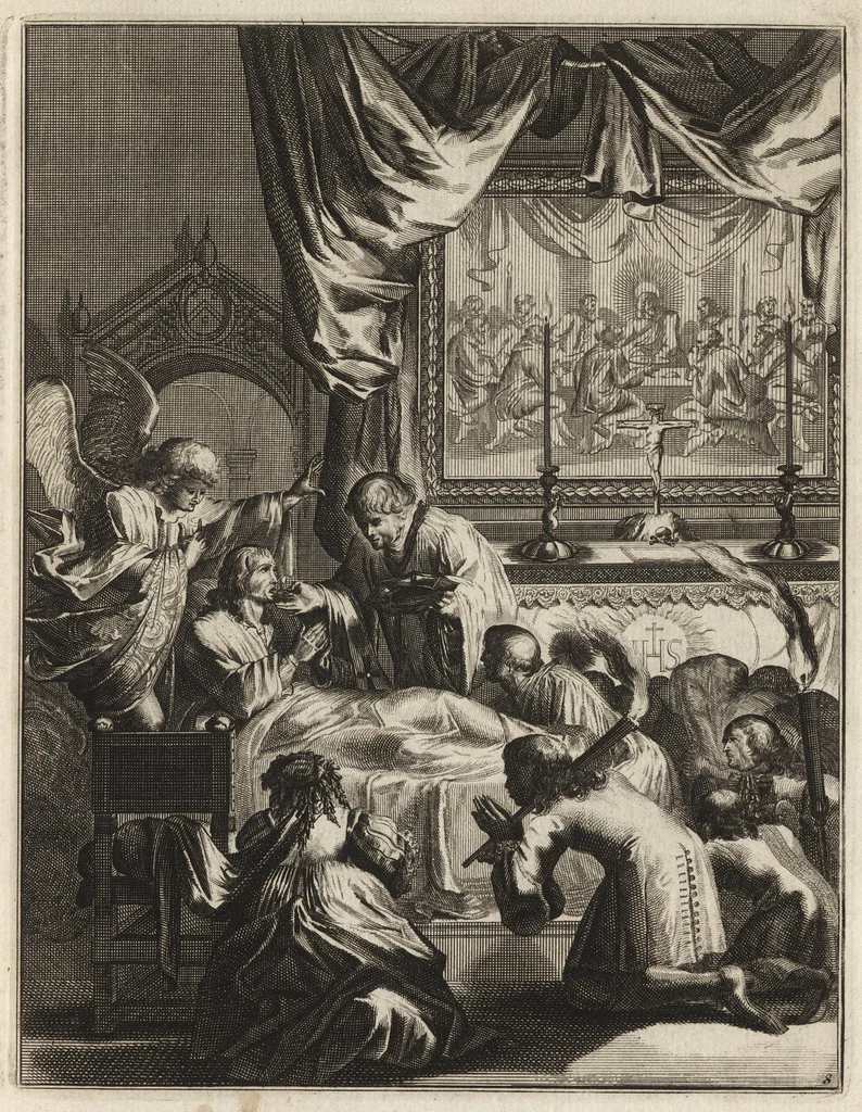 An illustration from Spiegel om wel te sterven : aanwyzende met prentverbeeldingen van het lyden onzes zaligmakers Jesu Christi : alles wat een zieke betaamt om gelukkig te sterven, volgens de woorden Philipp I, verse 21, 1694, leaf 28