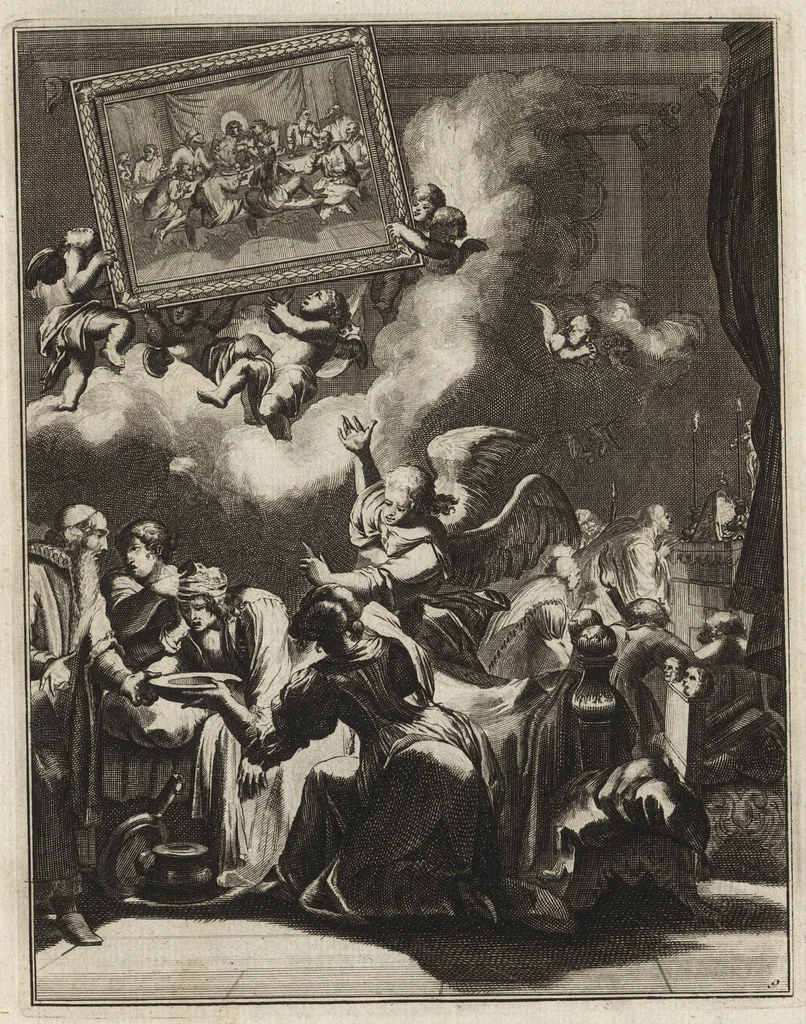 An illustration from Spiegel om wel te sterven : aanwyzende met prentverbeeldingen van het lyden onzes zaligmakers Jesu Christi : alles wat een zieke betaamt om gelukkig te sterven, volgens de woorden Philipp I, verse 21, 1694, leaf 32