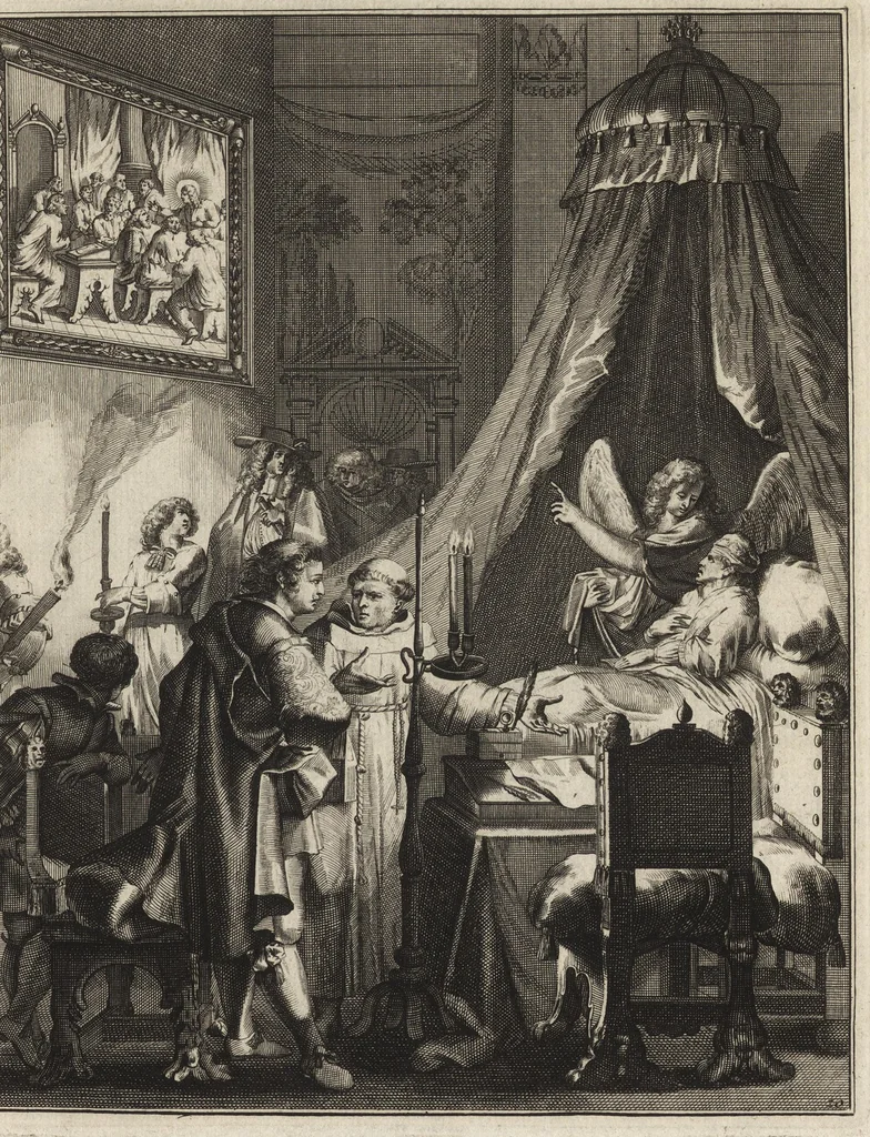 An illustration from Spiegel om wel te sterven : aanwyzende met prentverbeeldingen van het lyden onzes zaligmakers Jesu Christi : alles wat een zieke betaamt om gelukkig te sterven, volgens de woorden Philipp I, verse 21, 1694, leaf 34