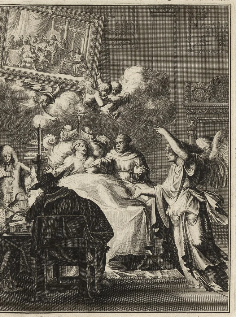An illustration from Spiegel om wel te sterven : aanwyzende met prentverbeeldingen van het lyden onzes zaligmakers Jesu Christi : alles wat een zieke betaamt om gelukkig te sterven, volgens de woorden Philipp I, verse 21, 1694, leaf 36