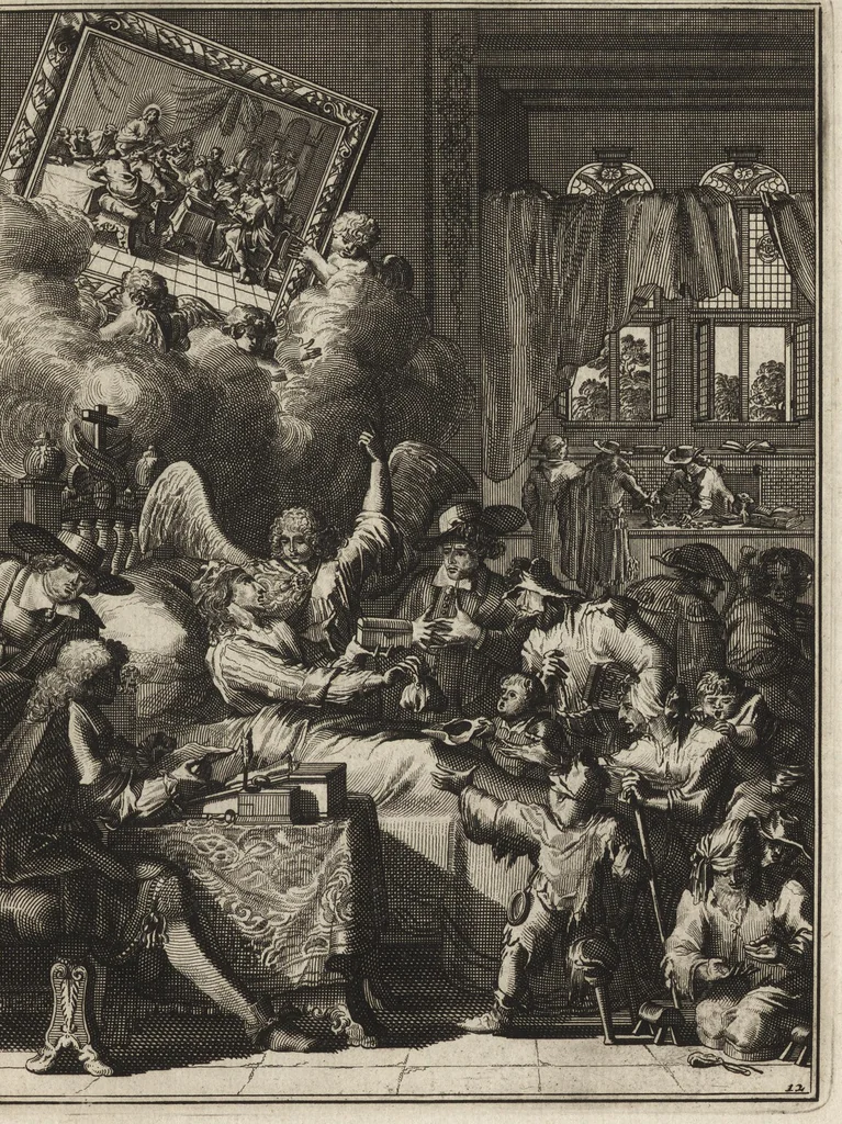 An illustration from Spiegel om wel te sterven : aanwyzende met prentverbeeldingen van het lyden onzes zaligmakers Jesu Christi : alles wat een zieke betaamt om gelukkig te sterven, volgens de woorden Philipp I, verse 21, 1694, leaf 38