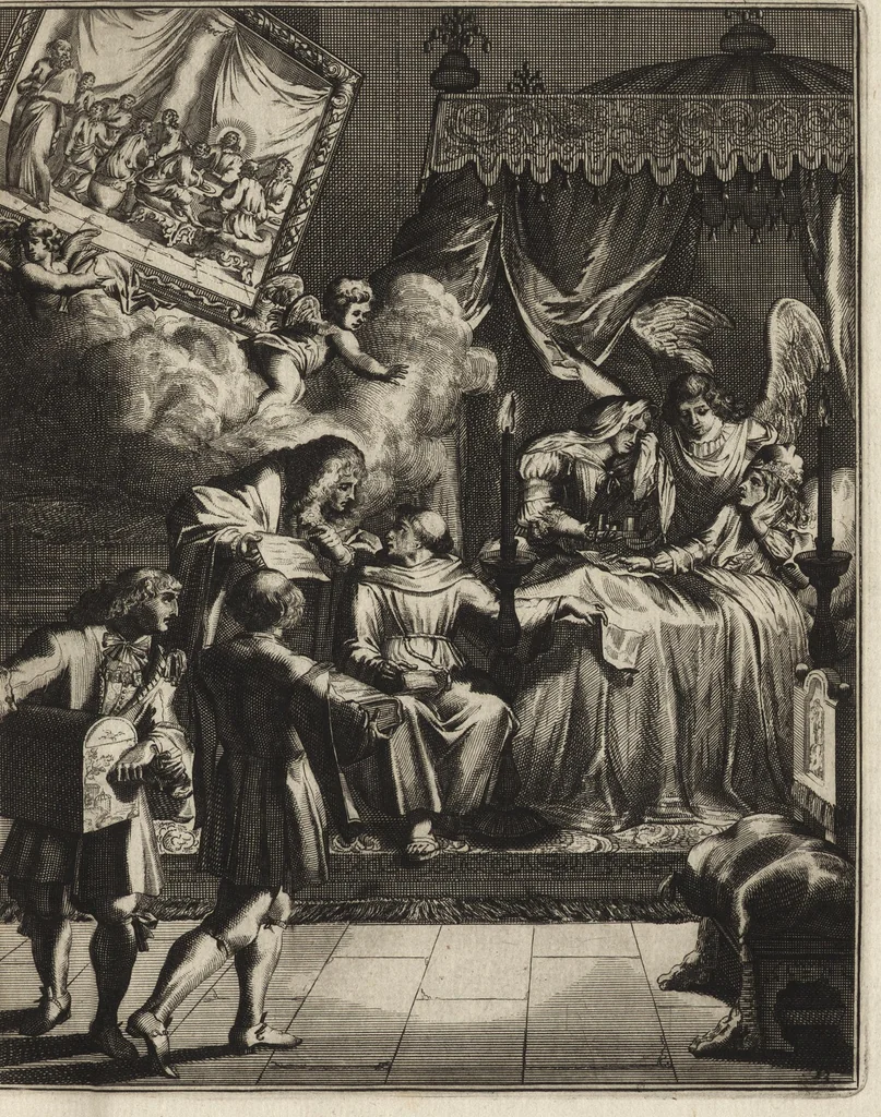 An illustration from Spiegel om wel te sterven : aanwyzende met prentverbeeldingen van het lyden onzes zaligmakers Jesu Christi : alles wat een zieke betaamt om gelukkig te sterven, volgens de woorden Philipp I, verse 21, 1694, leaf 40