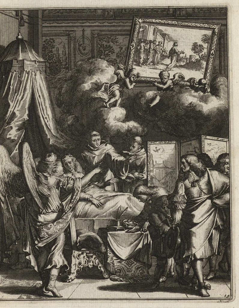 An illustration from Spiegel om wel te sterven : aanwyzende met prentverbeeldingen van het lyden onzes zaligmakers Jesu Christi : alles wat een zieke betaamt om gelukkig te sterven, volgens de woorden Philipp I, verse 21, 1694, leaf 46