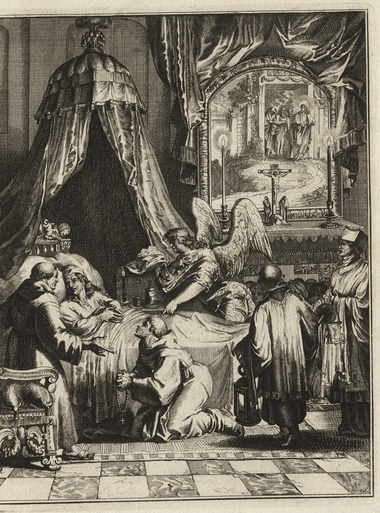 An illustration from Spiegel om wel te sterven : aanwyzende met prentverbeeldingen van het lyden onzes zaligmakers Jesu Christi : alles wat een zieke betaamt om gelukkig te sterven, volgens de woorden Philipp I, verse 21, 1694, leaf 50
