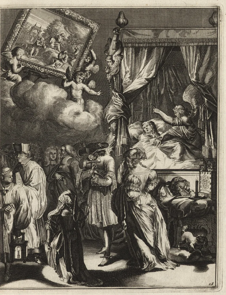 An illustration from Spiegel om wel te sterven : aanwyzende met prentverbeeldingen van het lyden onzes zaligmakers Jesu Christi : alles wat een zieke betaamt om gelukkig te sterven, volgens de woorden Philipp I, verse 21, 1694, leaf 56