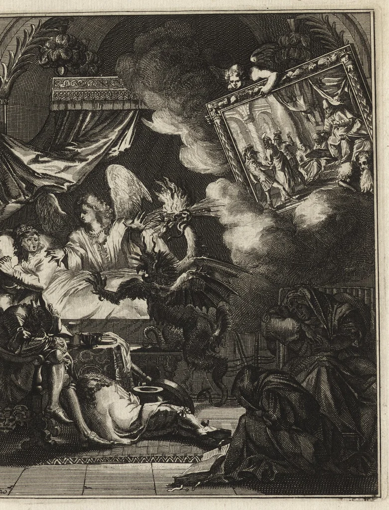 An illustration from Spiegel om wel te sterven : aanwyzende met prentverbeeldingen van het lyden onzes zaligmakers Jesu Christi : alles wat een zieke betaamt om gelukkig te sterven, volgens de woorden Philipp I, verse 21, 1694, leaf 60