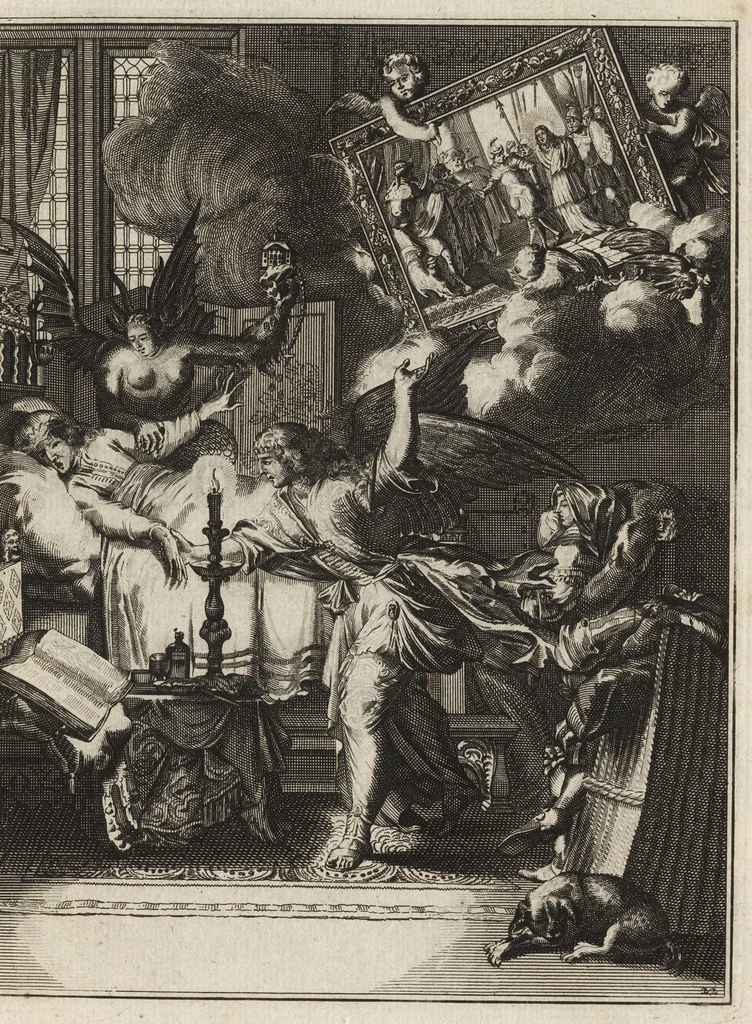 An illustration from Spiegel om wel te sterven : aanwyzende met prentverbeeldingen van het lyden onzes zaligmakers Jesu Christi : alles wat een zieke betaamt om gelukkig te sterven, volgens de woorden Philipp I, verse 21, 1694, leaf 66