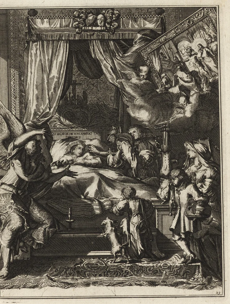 An illustration from Spiegel om wel te sterven : aanwyzende met prentverbeeldingen van het lyden onzes zaligmakers Jesu Christi : alles wat een zieke betaamt om gelukkig te sterven, volgens de woorden Philipp I, verse 21, 1694, leaf 68