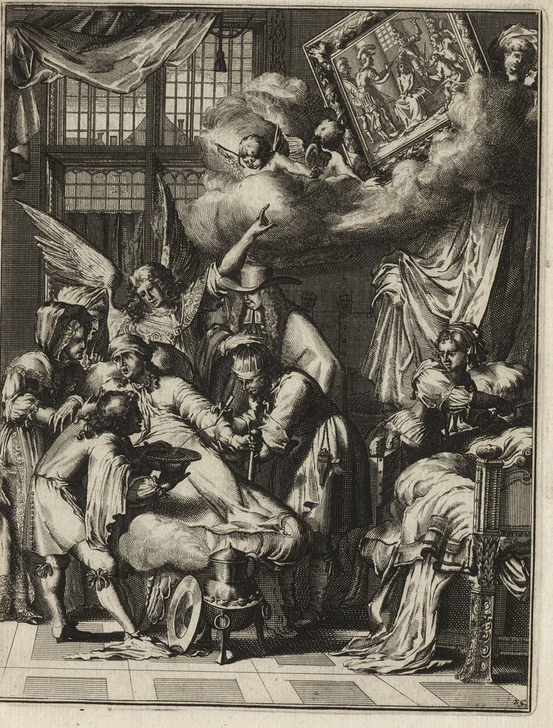 An illustration from Spiegel om wel te sterven : aanwyzende met prentverbeeldingen van het lyden onzes zaligmakers Jesu Christi : alles wat een zieke betaamt om gelukkig te sterven, volgens de woorden Philipp I, verse 21, 1694, leaf 72