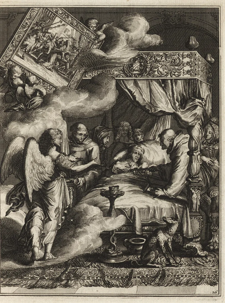 An illustration from Spiegel om wel te sterven : aanwyzende met prentverbeeldingen van het lyden onzes zaligmakers Jesu Christi : alles wat een zieke betaamt om gelukkig te sterven, volgens de woorden Philipp I, verse 21, 1694, leaf 74