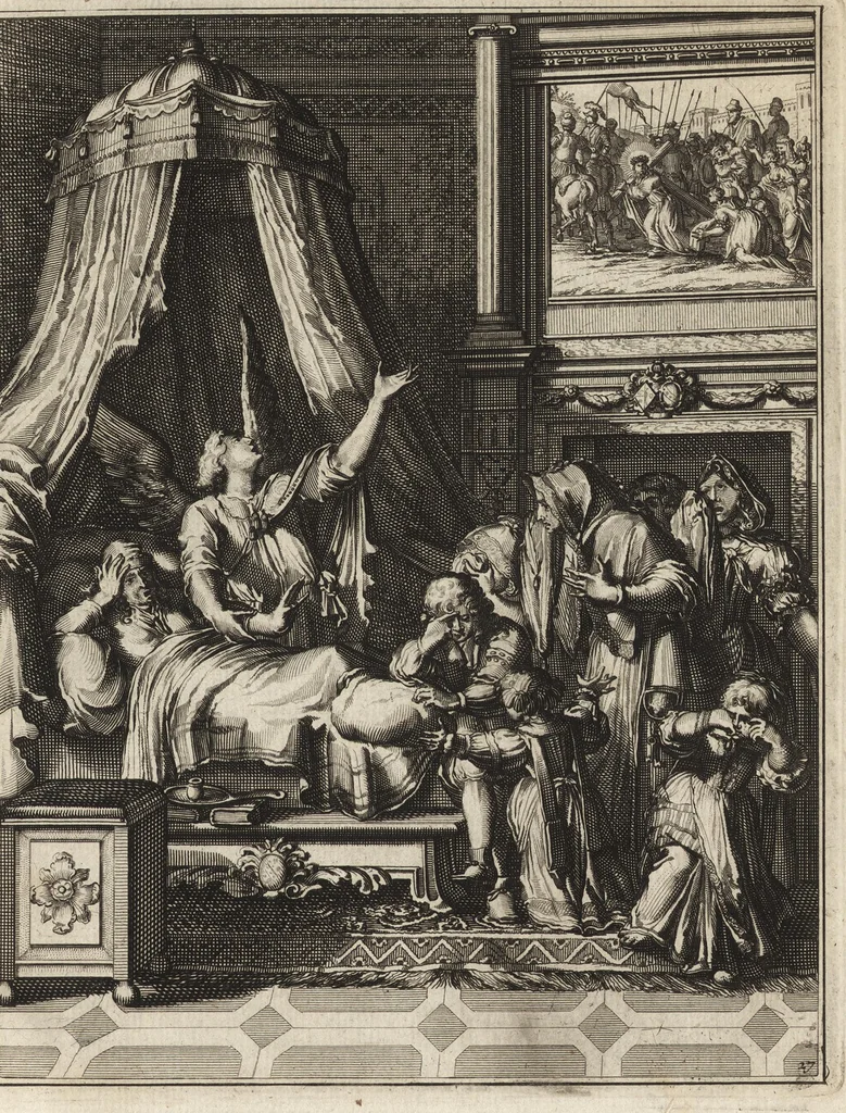 An illustration from Spiegel om wel te sterven : aanwyzende met prentverbeeldingen van het lyden onzes zaligmakers Jesu Christi : alles wat een zieke betaamt om gelukkig te sterven, volgens de woorden Philipp I, verse 21, 1694, leaf 80