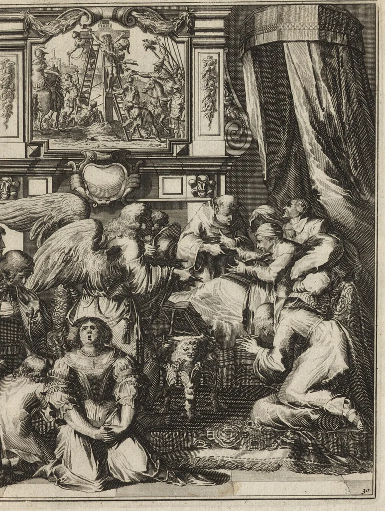 An illustration from Spiegel om wel te sterven : aanwyzende met prentverbeeldingen van het lyden onzes zaligmakers Jesu Christi : alles wat een zieke betaamt om gelukkig te sterven, volgens de woorden Philipp I, verse 21, 1694, leaf 88