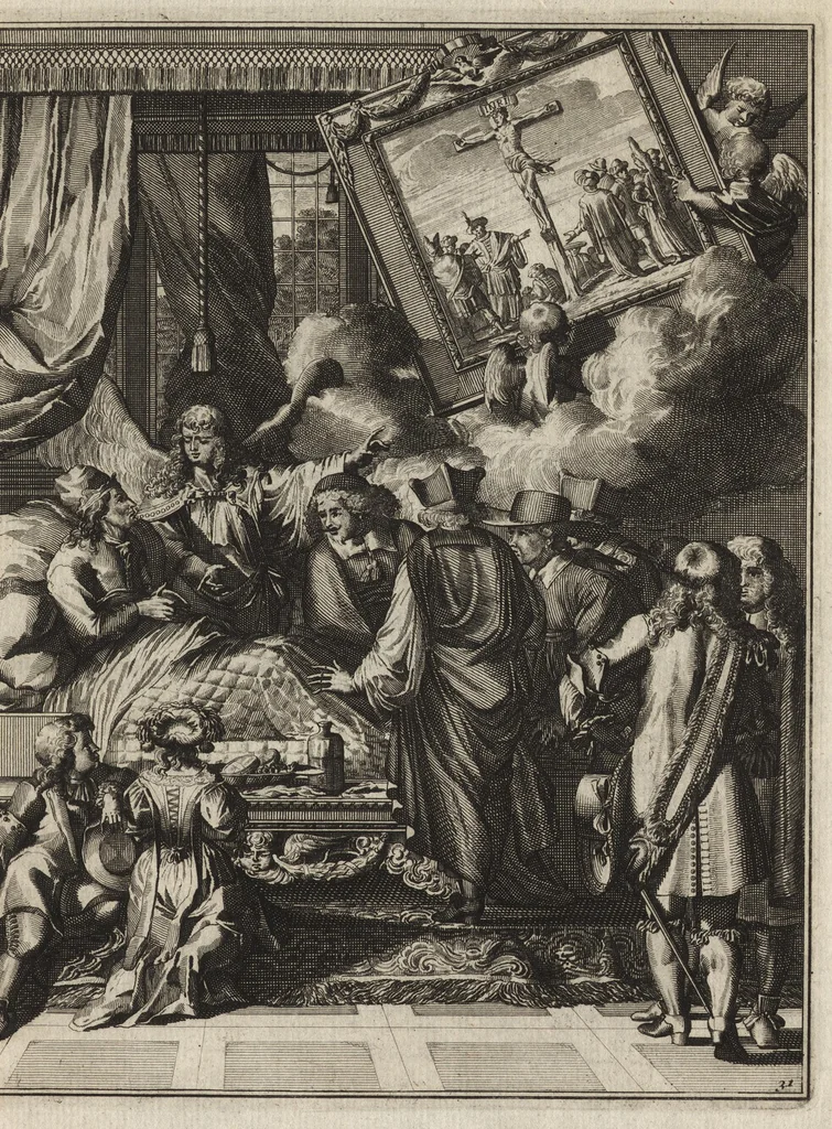 An illustration from Spiegel om wel te sterven : aanwyzende met prentverbeeldingen van het lyden onzes zaligmakers Jesu Christi : alles wat een zieke betaamt om gelukkig te sterven, volgens de woorden Philipp I, verse 21, 1694, leaf 90