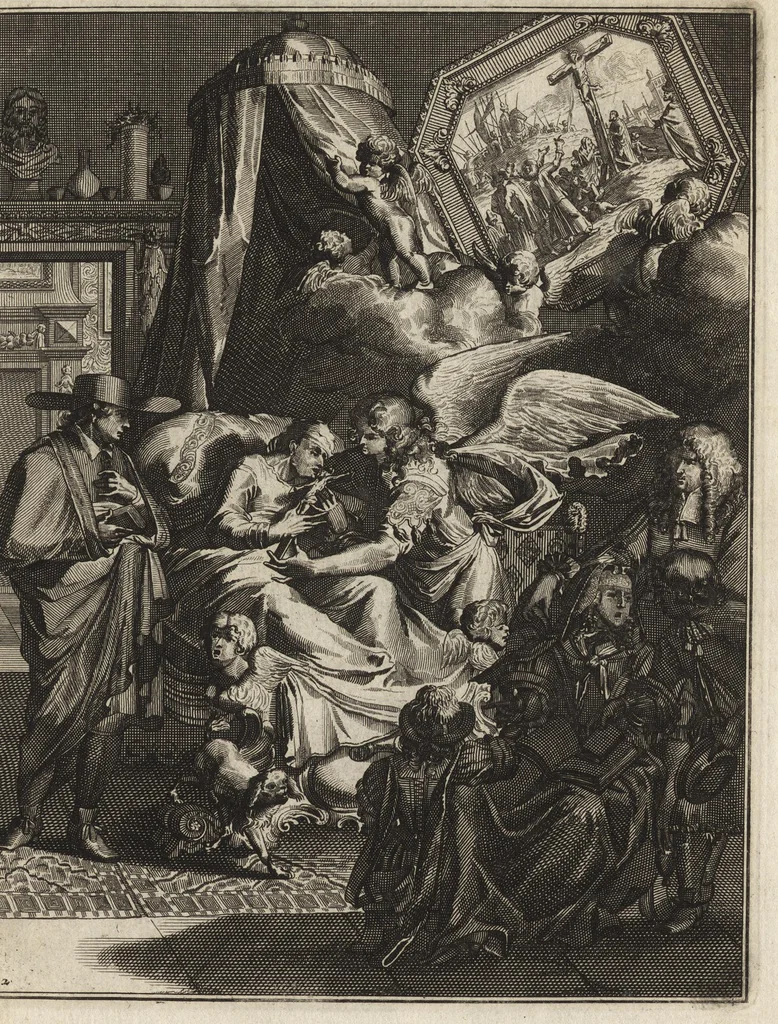 An illustration from Spiegel om wel te sterven : aanwyzende met prentverbeeldingen van het lyden onzes zaligmakers Jesu Christi : alles wat een zieke betaamt om gelukkig te sterven, volgens de woorden Philipp I, verse 21, 1694, leaf 92