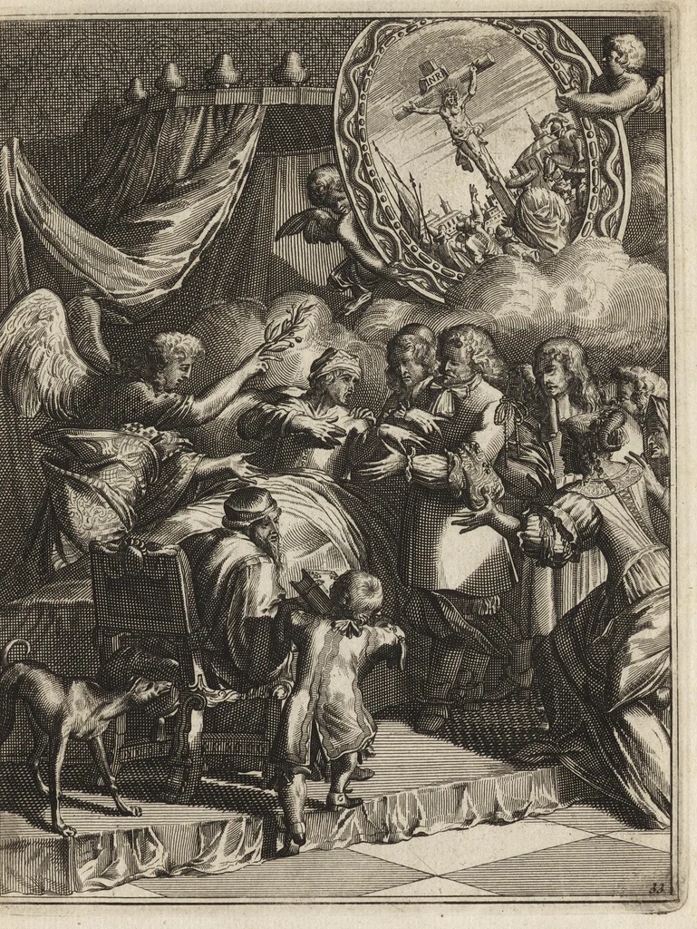 An illustration from Spiegel om wel te sterven : aanwyzende met prentverbeeldingen van het lyden onzes zaligmakers Jesu Christi : alles wat een zieke betaamt om gelukkig te sterven, volgens de woorden Philipp I, verse 21, 1694, leaf 94