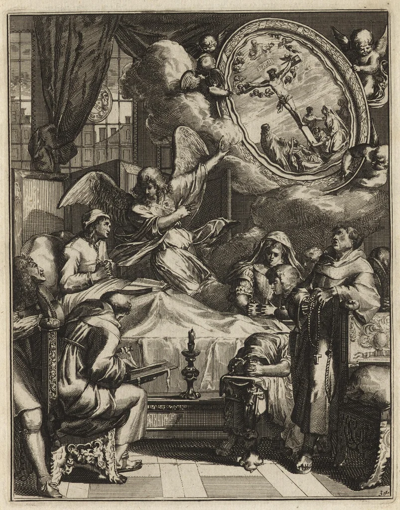 An illustration from Spiegel om wel te sterven : aanwyzende met prentverbeeldingen van het lyden onzes zaligmakers Jesu Christi : alles wat een zieke betaamt om gelukkig te sterven, volgens de woorden Philipp I, verse 21, 1694, leaf 96