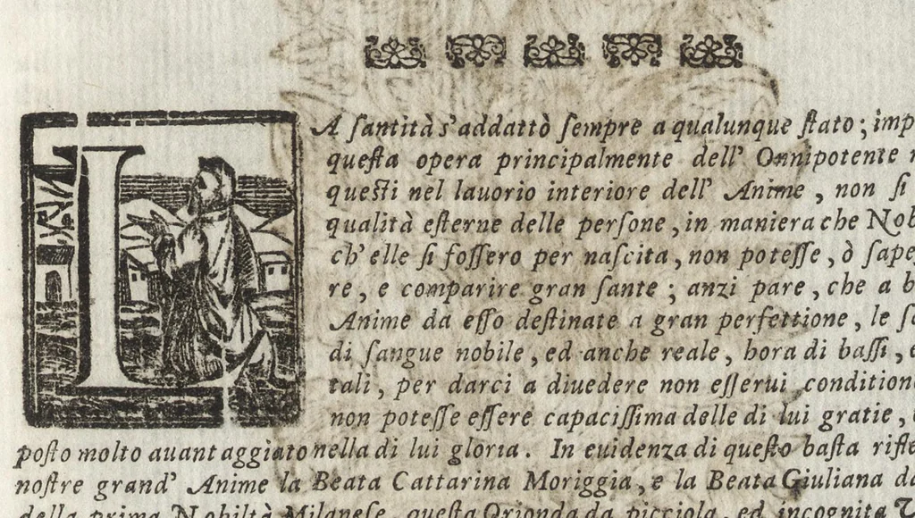 An illustration from Le glorie della gran Vergine al Sagro Monte sopra Varese, diocesi di Milano : origine, e progresso della divozione, monistero, e fabrica delle sante capelle : compendio della vita della beata Caterina, fondatrice del monistero, beata Giuliana sua prima compagna, e ven. madri sr. Benedetta Bimia e sr. Illuminata Alziati, seconda e terza abbadessa : racconto historico, 1699, leaf 124