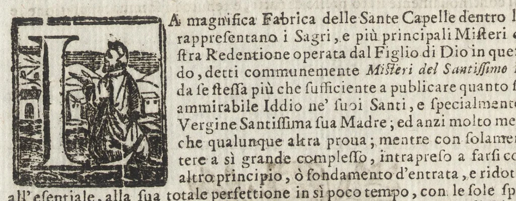 An illustration from Le glorie della gran Vergine al Sagro Monte sopra Varese, diocesi di Milano : origine, e progresso della divozione, monistero, e fabrica delle sante capelle : compendio della vita della beata Caterina, fondatrice del monistero, beata Giuliana sua prima compagna, e ven. madri sr. Benedetta Bimia e sr. Illuminata Alziati, seconda e terza abbadessa : racconto historico, 1699, leaf 63