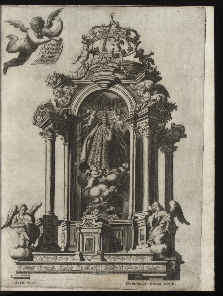 An illustration from Le glorie della gran Vergine al Sagro Monte sopra Varese, diocesi di Milano : origine, e progresso della divozione, monistero, e fabrica delle sante capelle : compendio della vita della beata Caterina, fondatrice del monistero, beata Giuliana sua prima compagna, e ven. madri sr. Benedetta Bimia e sr. Illuminata Alziati, seconda e terza abbadessa : racconto historico, 1699, leaf 8