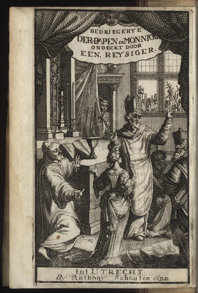 An illustration from Historie van de bedriegeryen der prietseren en moniken in de Roomsche kerke : ontdekt door zeeker reyziger, in zijne gedane zeer nauwkeurige voyagien, door Italien, Vrankrijk, Switserland, en Duytsland, en briefs gewjze aan zijne vrienden geschreven, 1695, leaf 7