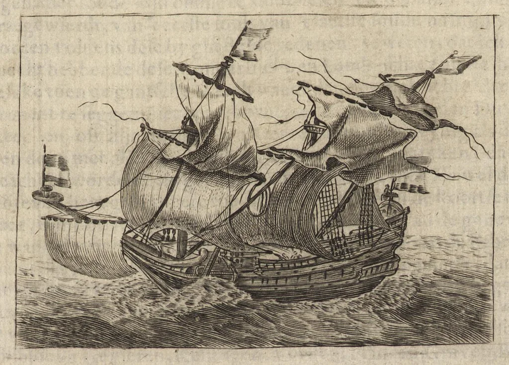 An illustration from 't Begin, midden en eynde der zee-roovereyen van den alderfamieusten zee-roover Claes G. Compaen van Oostzanen in Kennemer-landt : vervattende sijn wonderlijcke, vreemde en landts-schadelijcke drijf-tochten : waer in verthoont wordt, hoe hy met weynigh schepen de zee onveyligh ghemaeckt, een ongelooffelijcken buyt, en groot getal van schepen van alle landen gheroost, en afgeloopen heest, 1659, leaf 6