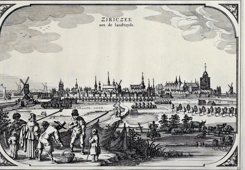 An illustration from Speculum Zelandiae : dat is, een beschryvinge ofte afbeelding der steden, ambachts-heerlijckheden, dorpen, castelen, ridderlijcke hofsteden, huysen en gebouwen, gelegen inde eylanden en de graeflijckheyt van Zeelandt, 1660, leaf 10