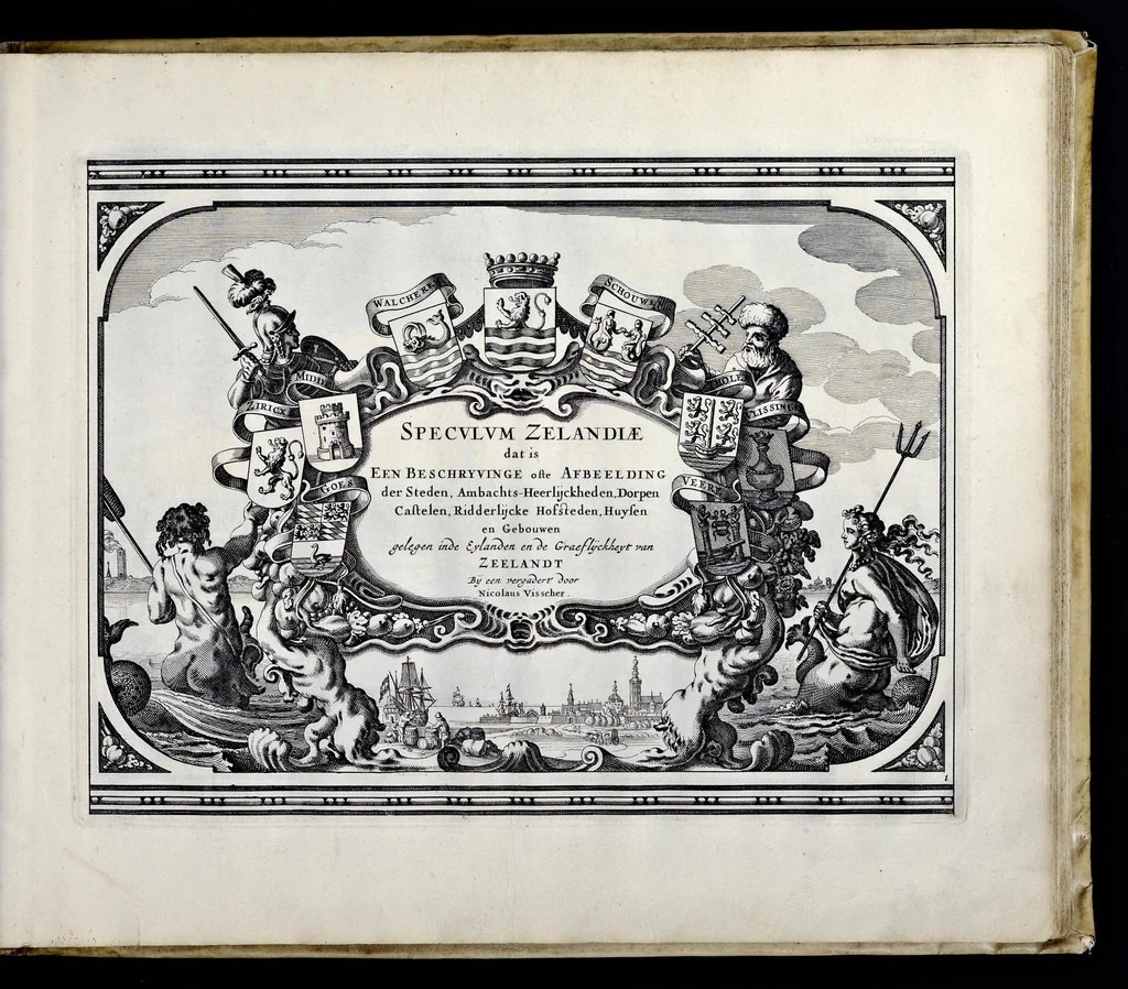 An illustration from Speculum Zelandiae : dat is, een beschryvinge ofte afbeelding der steden, ambachts-heerlijckheden, dorpen, castelen, ridderlijcke hofsteden, huysen en gebouwen, gelegen inde eylanden en de graeflijckheyt van Zeelandt, 1660, leaf 2