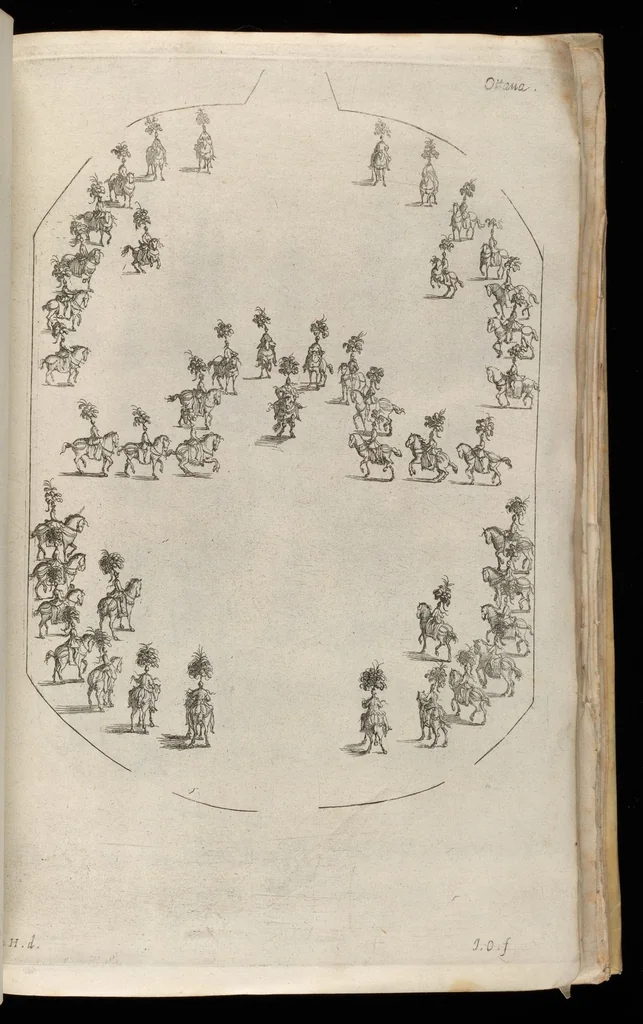 An illustration from Sieg-Streit dess Lufft vnd Wassers : Freuden-Fest zu Pferd zu dem glorwürdigisten Beyläger beeder kayserlichen Majestäten Leopoldi dess Ersten, römischen Kaysers ... vnd Margarita, gebohrner königlichen Infantin auss Hispanien : dargestellet in dero kayserlichen Residenz Statt Wienn, 1667, leaf 100