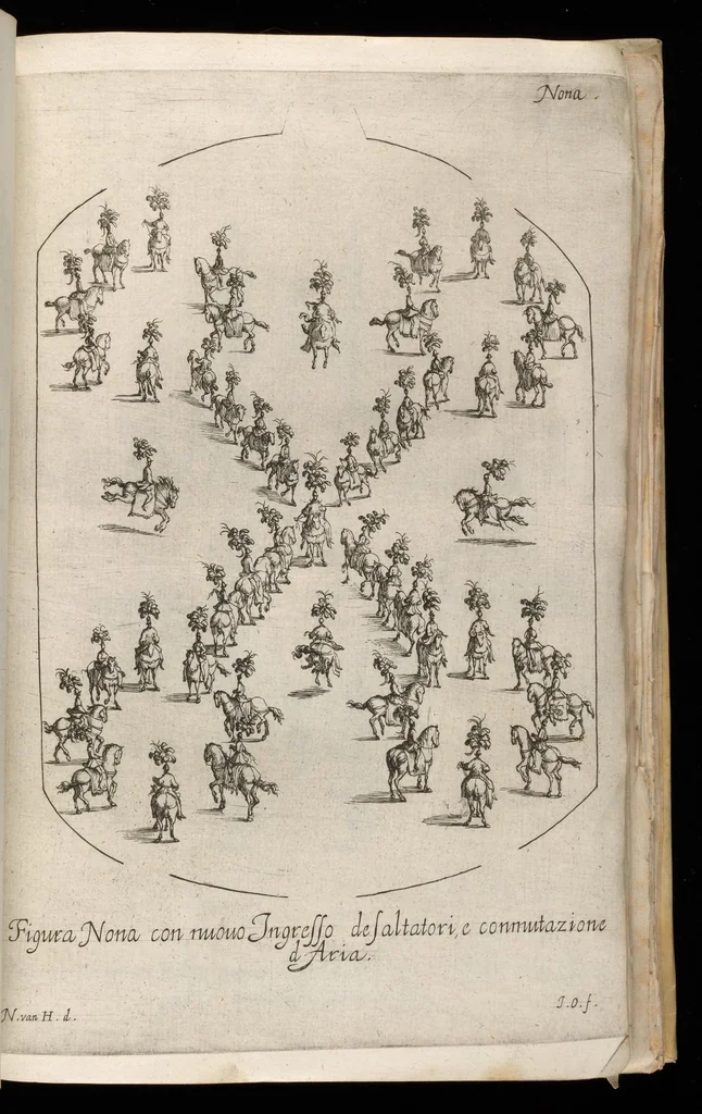 An illustration from Sieg-Streit dess Lufft vnd Wassers : Freuden-Fest zu Pferd zu dem glorwürdigisten Beyläger beeder kayserlichen Majestäten Leopoldi dess Ersten, römischen Kaysers ... vnd Margarita, gebohrner königlichen Infantin auss Hispanien : dargestellet in dero kayserlichen Residenz Statt Wienn, 1667, leaf 102
