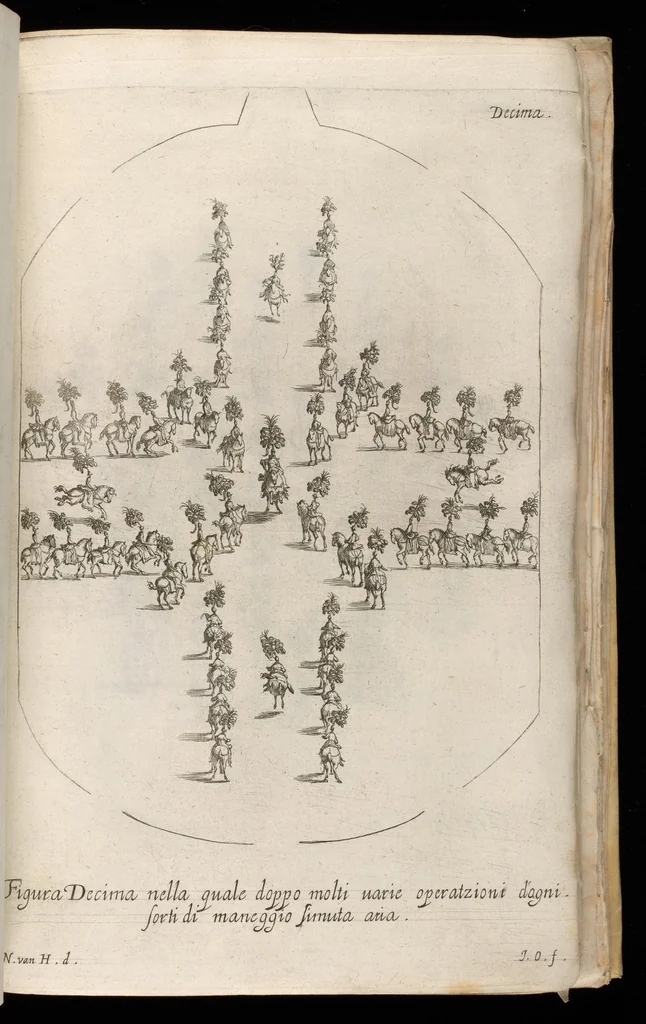 An illustration from Sieg-Streit dess Lufft vnd Wassers : Freuden-Fest zu Pferd zu dem glorwürdigisten Beyläger beeder kayserlichen Majestäten Leopoldi dess Ersten, römischen Kaysers ... vnd Margarita, gebohrner königlichen Infantin auss Hispanien : dargestellet in dero kayserlichen Residenz Statt Wienn, 1667, leaf 104
