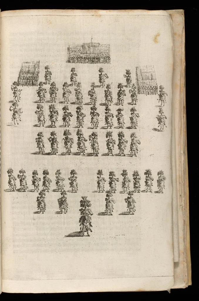 An illustration from Sieg-Streit dess Lufft vnd Wassers : Freuden-Fest zu Pferd zu dem glorwürdigisten Beyläger beeder kayserlichen Majestäten Leopoldi dess Ersten, römischen Kaysers ... vnd Margarita, gebohrner königlichen Infantin auss Hispanien : dargestellet in dero kayserlichen Residenz Statt Wienn, 1667, leaf 112