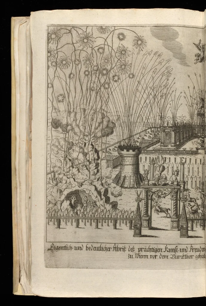 An illustration from Sieg-Streit dess Lufft vnd Wassers : Freuden-Fest zu Pferd zu dem glorwürdigisten Beyläger beeder kayserlichen Majestäten Leopoldi dess Ersten, römischen Kaysers ... vnd Margarita, gebohrner königlichen Infantin auss Hispanien : dargestellet in dero kayserlichen Residenz Statt Wienn, 1667, leaf 31