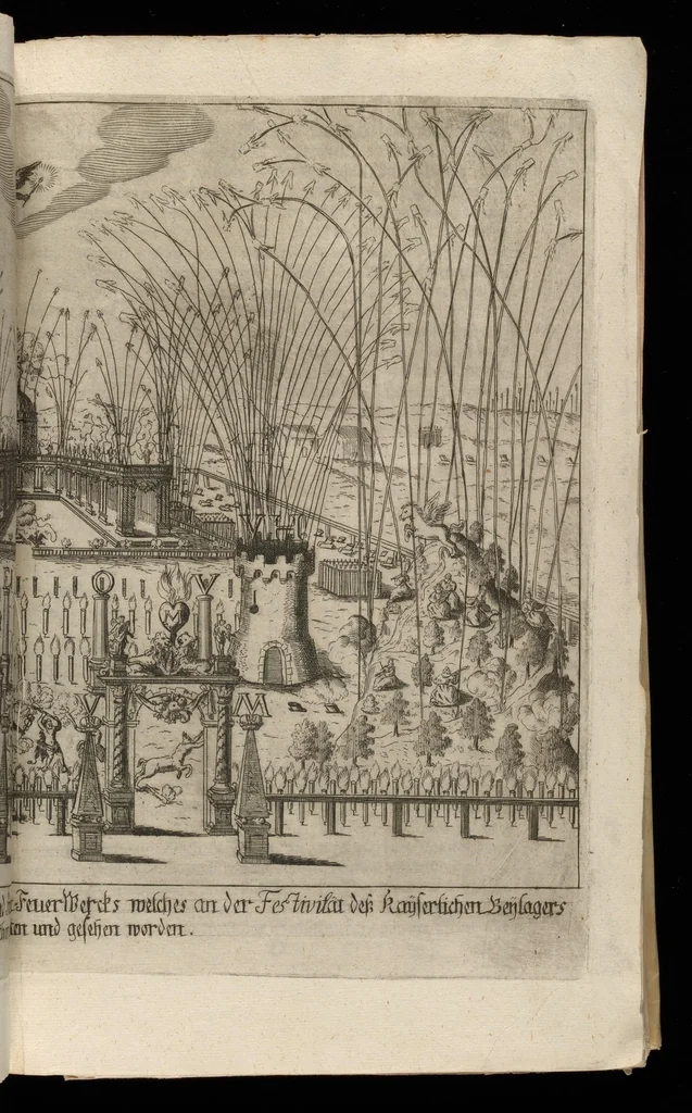 An illustration from Sieg-Streit dess Lufft vnd Wassers : Freuden-Fest zu Pferd zu dem glorwürdigisten Beyläger beeder kayserlichen Majestäten Leopoldi dess Ersten, römischen Kaysers ... vnd Margarita, gebohrner königlichen Infantin auss Hispanien : dargestellet in dero kayserlichen Residenz Statt Wienn, 1667, leaf 32