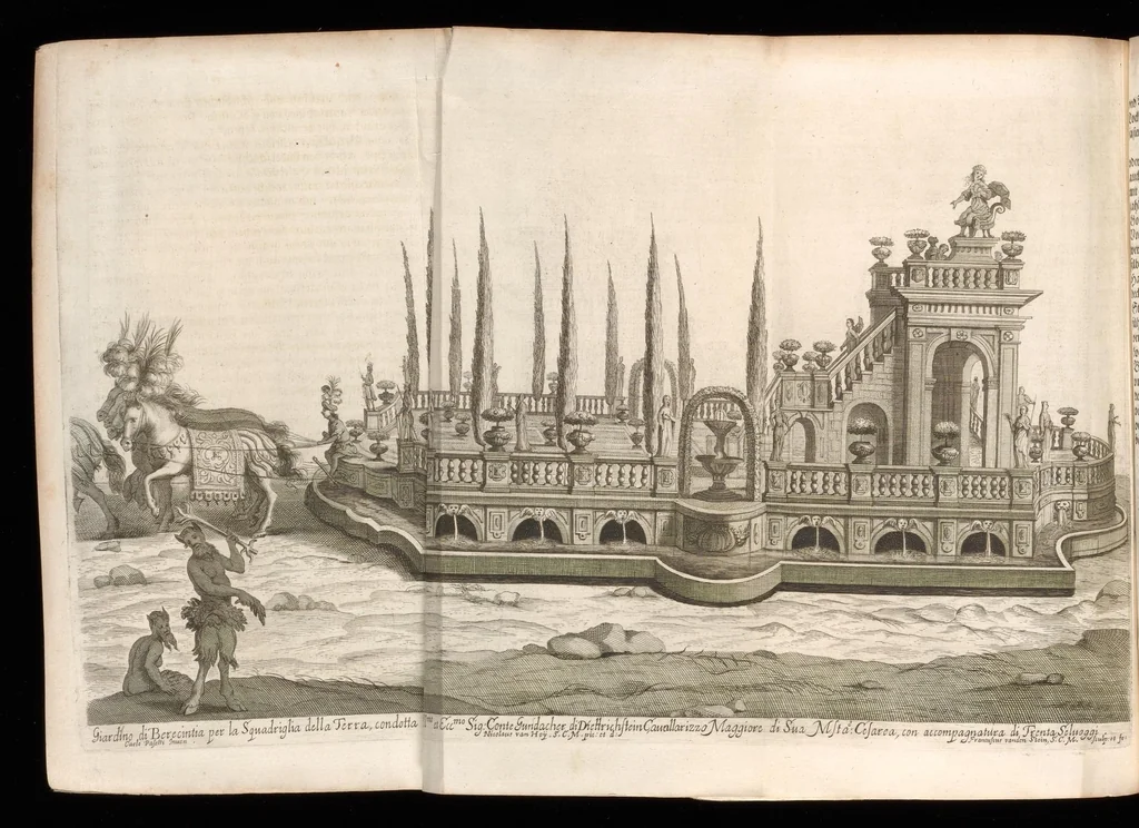 An illustration from Sieg-Streit dess Lufft vnd Wassers : Freuden-Fest zu Pferd zu dem glorwürdigisten Beyläger beeder kayserlichen Majestäten Leopoldi dess Ersten, römischen Kaysers ... vnd Margarita, gebohrner königlichen Infantin auss Hispanien : dargestellet in dero kayserlichen Residenz Statt Wienn, 1667, leaf 41