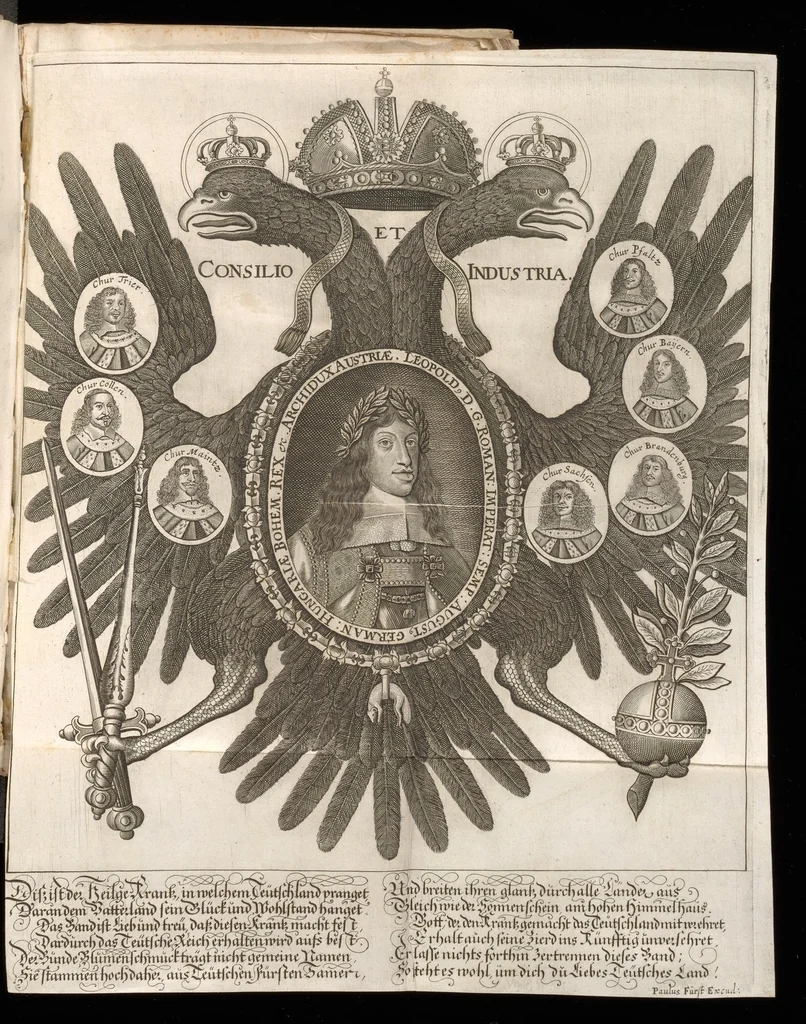 An illustration from Sieg-Streit dess Lufft vnd Wassers : Freuden-Fest zu Pferd zu dem glorwürdigisten Beyläger beeder kayserlichen Majestäten Leopoldi dess Ersten, römischen Kaysers ... vnd Margarita, gebohrner königlichen Infantin auss Hispanien : dargestellet in dero kayserlichen Residenz Statt Wienn, 1667, leaf 6