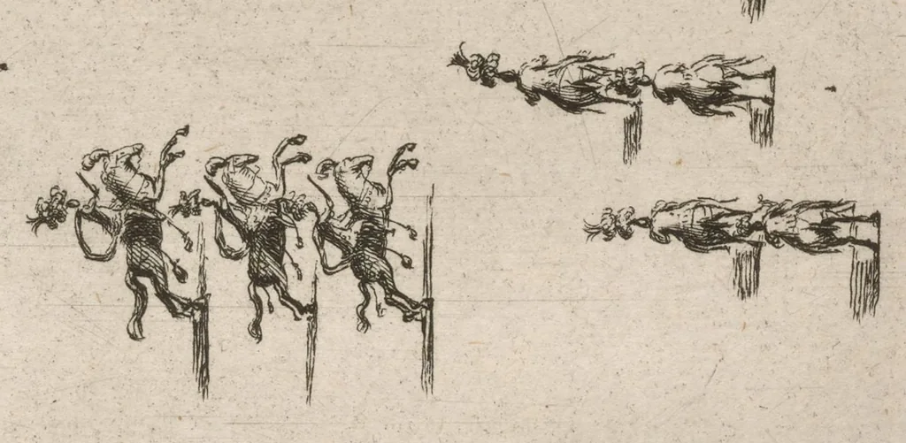 An illustration from Sieg-Streit dess Lufft vnd Wassers : Freuden-Fest zu Pferd zu dem glorwürdigisten Beyläger beeder kayserlichen Majestäten Leopoldi dess Ersten, römischen Kaysers ... vnd Margarita, gebohrner königlichen Infantin auss Hispanien : dargestellet in dero kayserlichen Residenz Statt Wienn, 1667, leaf 60