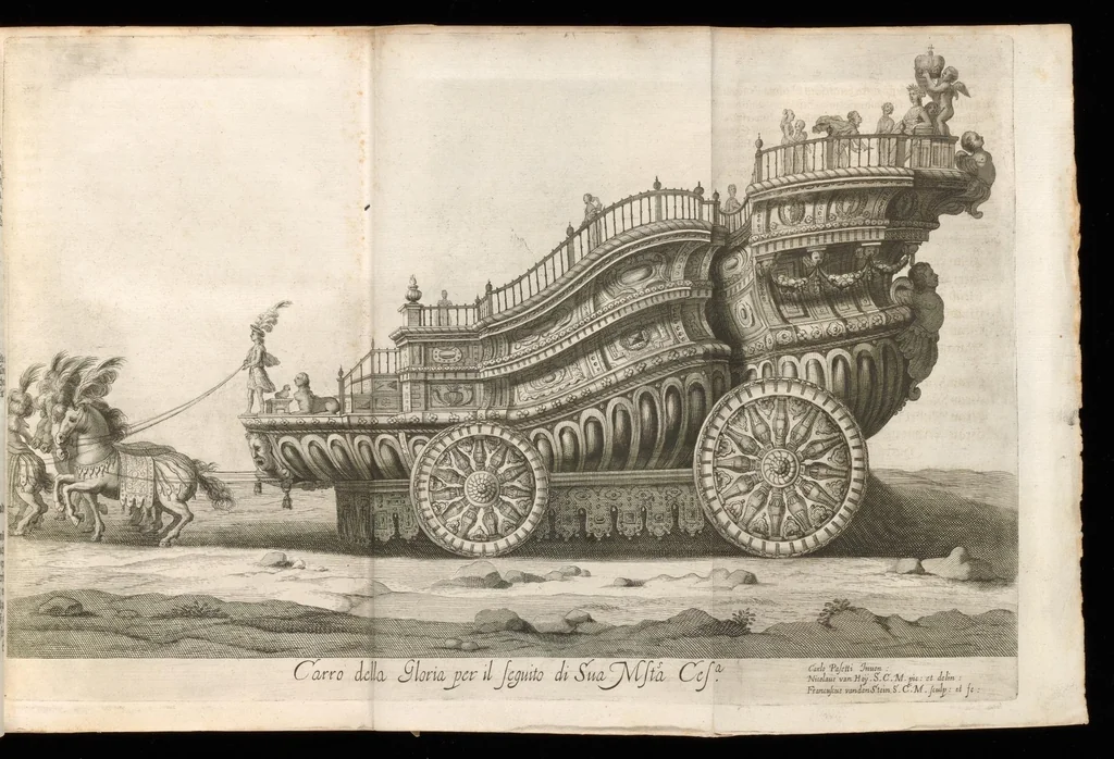 An illustration from Sieg-Streit dess Lufft vnd Wassers : Freuden-Fest zu Pferd zu dem glorwürdigisten Beyläger beeder kayserlichen Majestäten Leopoldi dess Ersten, römischen Kaysers ... vnd Margarita, gebohrner königlichen Infantin auss Hispanien : dargestellet in dero kayserlichen Residenz Statt Wienn, 1667, leaf 76