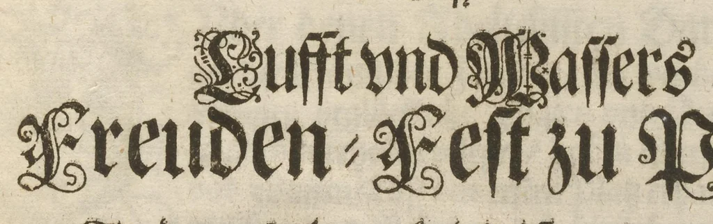 An illustration from Sieg-Streit dess Lufft vnd Wassers : Freuden-Fest zu Pferd zu dem glorwürdigisten Beyläger beeder kayserlichen Majestäten Leopoldi dess Ersten, römischen Kaysers ... vnd Margarita, gebohrner königlichen Infantin auss Hispanien : dargestellet in dero kayserlichen Residenz Statt Wienn, 1667, leaf 8