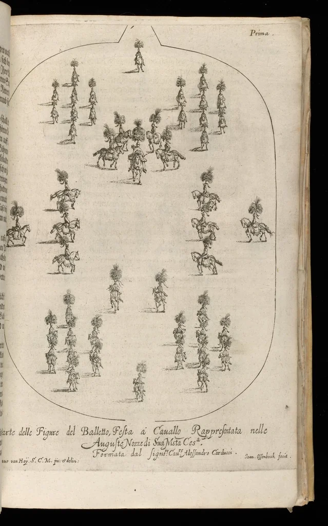 An illustration from Sieg-Streit dess Lufft vnd Wassers : Freuden-Fest zu Pferd zu dem glorwürdigisten Beyläger beeder kayserlichen Majestäten Leopoldi dess Ersten, römischen Kaysers ... vnd Margarita, gebohrner königlichen Infantin auss Hispanien : dargestellet in dero kayserlichen Residenz Statt Wienn, 1667, leaf 86
