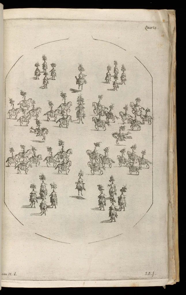 An illustration from Sieg-Streit dess Lufft vnd Wassers : Freuden-Fest zu Pferd zu dem glorwürdigisten Beyläger beeder kayserlichen Majestäten Leopoldi dess Ersten, römischen Kaysers ... vnd Margarita, gebohrner königlichen Infantin auss Hispanien : dargestellet in dero kayserlichen Residenz Statt Wienn, 1667, leaf 92
