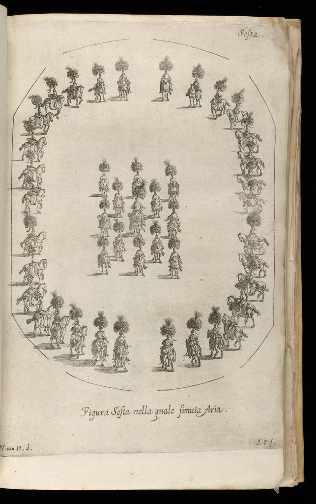 An illustration from Sieg-Streit dess Lufft vnd Wassers : Freuden-Fest zu Pferd zu dem glorwürdigisten Beyläger beeder kayserlichen Majestäten Leopoldi dess Ersten, römischen Kaysers ... vnd Margarita, gebohrner königlichen Infantin auss Hispanien : dargestellet in dero kayserlichen Residenz Statt Wienn, 1667, leaf 96