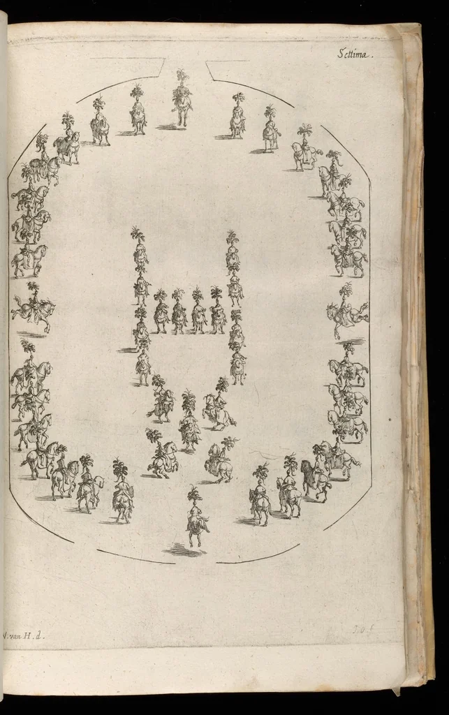 An illustration from Sieg-Streit dess Lufft vnd Wassers : Freuden-Fest zu Pferd zu dem glorwürdigisten Beyläger beeder kayserlichen Majestäten Leopoldi dess Ersten, römischen Kaysers ... vnd Margarita, gebohrner königlichen Infantin auss Hispanien : dargestellet in dero kayserlichen Residenz Statt Wienn, 1667, leaf 98