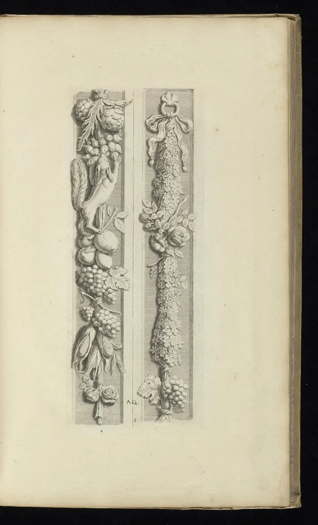 An illustration from Prima[-secunda] pars praecipuarum effigierum ac ornamentorum amplissimae curiae Amstelrodamensis : maiori ex parte, in candido marmore effectorum per Artum Quellinium, eiusdem civitatis statuarium = Het eerste[-tweede] deel van de voornaemste statuen ende ciraten vant konstrijck Stadthuys van Amstelredam ... = La premier [sic] partie de plusiers figures et ornements de la Maison de ville d'Amsterdam ..., 1665, leaf 102
