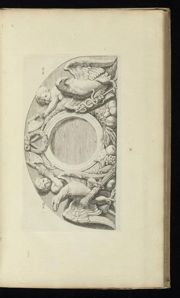 An illustration from Prima[-secunda] pars praecipuarum effigierum ac ornamentorum amplissimae curiae Amstelrodamensis : maiori ex parte, in candido marmore effectorum per Artum Quellinium, eiusdem civitatis statuarium = Het eerste[-tweede] deel van de voornaemste statuen ende ciraten vant konstrijck Stadthuys van Amstelredam ... = La premier [sic] partie de plusiers figures et ornements de la Maison de ville d'Amsterdam ..., 1665, leaf 108