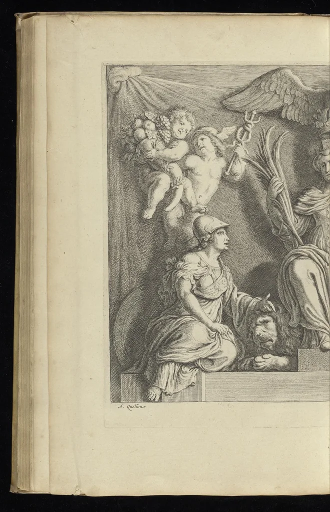An illustration from Prima[-secunda] pars praecipuarum effigierum ac ornamentorum amplissimae curiae Amstelrodamensis : maiori ex parte, in candido marmore effectorum per Artum Quellinium, eiusdem civitatis statuarium = Het eerste[-tweede] deel van de voornaemste statuen ende ciraten vant konstrijck Stadthuys van Amstelredam ... = La premier [sic] partie de plusiers figures et ornements de la Maison de ville d'Amsterdam ..., 1665, leaf 127