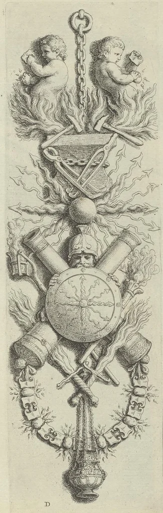An illustration from Prima[-secunda] pars praecipuarum effigierum ac ornamentorum amplissimae curiae Amstelrodamensis : maiori ex parte, in candido marmore effectorum per Artum Quellinium, eiusdem civitatis statuarium = Het eerste[-tweede] deel van de voornaemste statuen ende ciraten vant konstrijck Stadthuys van Amstelredam ... = La premier [sic] partie de plusiers figures et ornements de la Maison de ville d'Amsterdam ..., 1665, leaf 154