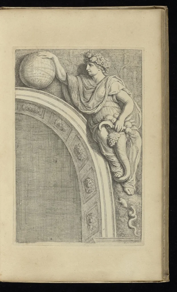 An illustration from Prima[-secunda] pars praecipuarum effigierum ac ornamentorum amplissimae curiae Amstelrodamensis : maiori ex parte, in candido marmore effectorum per Artum Quellinium, eiusdem civitatis statuarium = Het eerste[-tweede] deel van de voornaemste statuen ende ciraten vant konstrijck Stadthuys van Amstelredam ... = La premier [sic] partie de plusiers figures et ornements de la Maison de ville d'Amsterdam ..., 1665, leaf 160