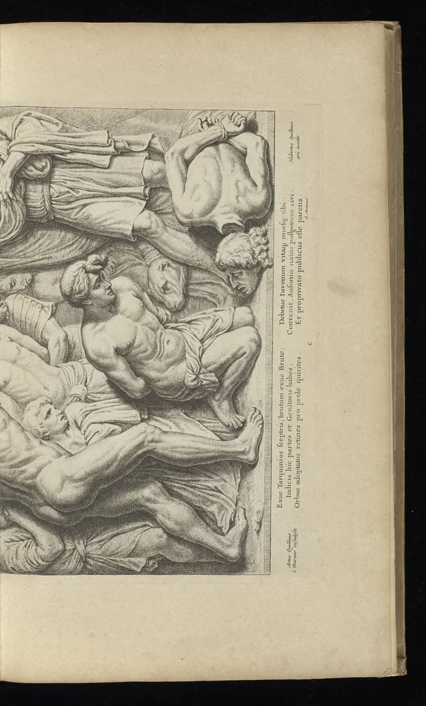 An illustration from Prima[-secunda] pars praecipuarum effigierum ac ornamentorum amplissimae curiae Amstelrodamensis : maiori ex parte, in candido marmore effectorum per Artum Quellinium, eiusdem civitatis statuarium = Het eerste[-tweede] deel van de voornaemste statuen ende ciraten vant konstrijck Stadthuys van Amstelredam ... = La premier [sic] partie de plusiers figures et ornements de la Maison de ville d'Amsterdam ..., 1665, leaf 18
